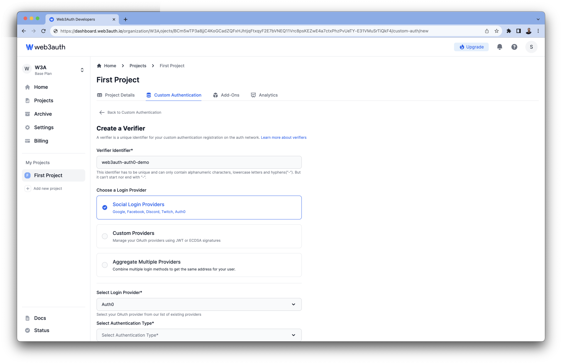 Twitter - Login Providers list on Web3Auth Dashboard