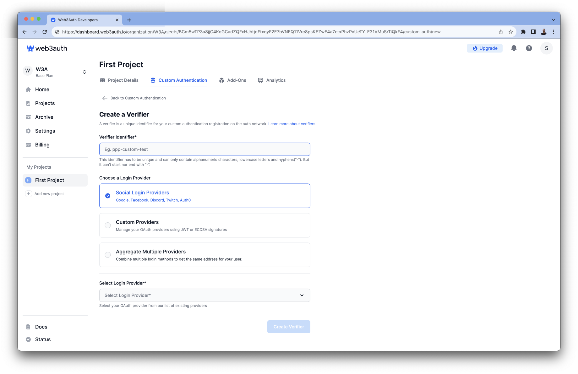 Twitch - Login Providers list on Web3Auth Dashboard